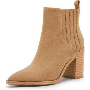 Women Light Brown Faux Leather Slip on Pointed Toe Chunky Block Mid Heel Booties